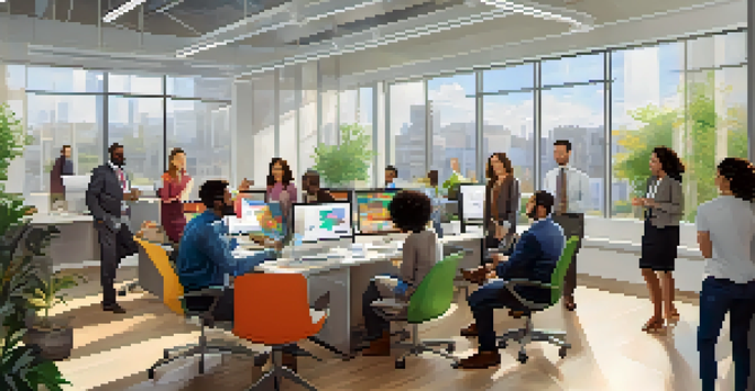 A diverse group of employees in a modern office, engaged in a brainstorming session with smiles and colorful artwork around them.