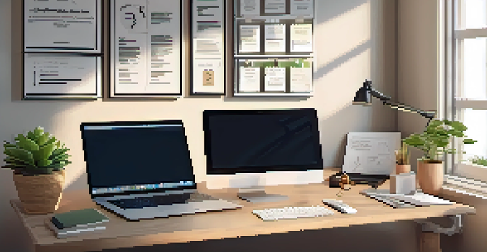 A clean and organized workspace with a laptop, notepad, and coffee cup, illuminated by soft natural light.