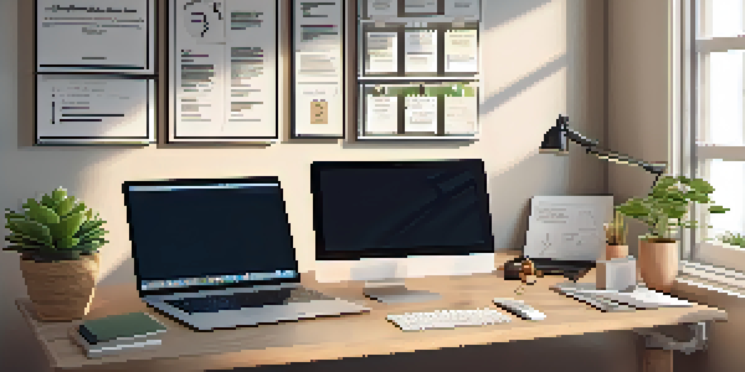 A clean and organized workspace with a laptop, notepad, and coffee cup, illuminated by soft natural light.