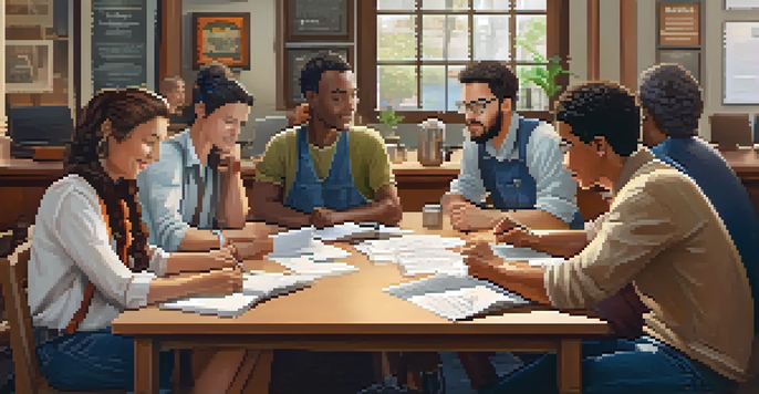 A diverse group of gig workers discussing contracts in a café, with laptops and notepads on the table.