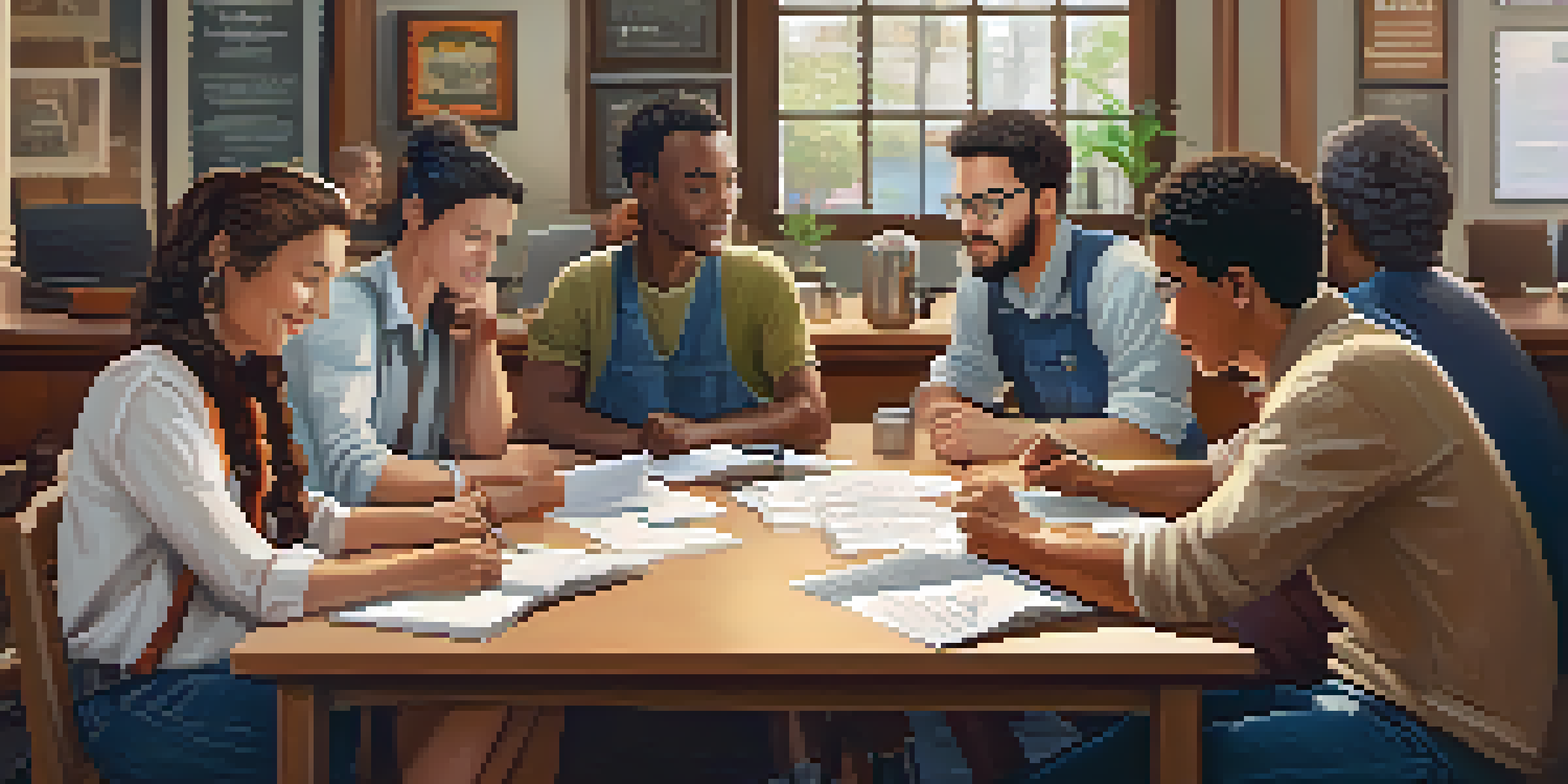 A diverse group of gig workers discussing contracts in a café, with laptops and notepads on the table.