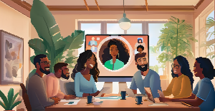 A group of diverse remote employees smiling and engaging in a virtual trivia game during a video call.