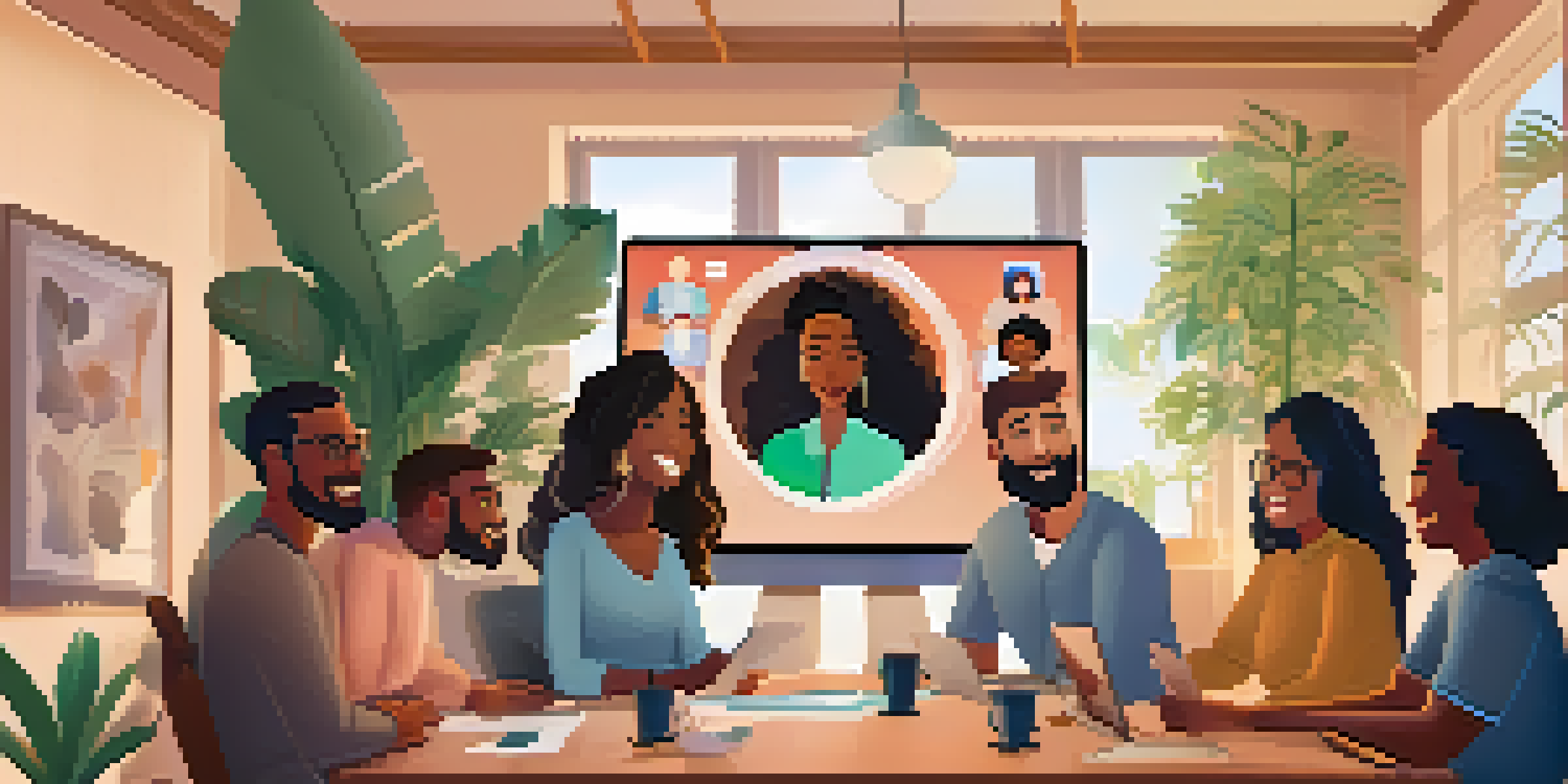 A group of diverse remote employees smiling and engaging in a virtual trivia game during a video call.