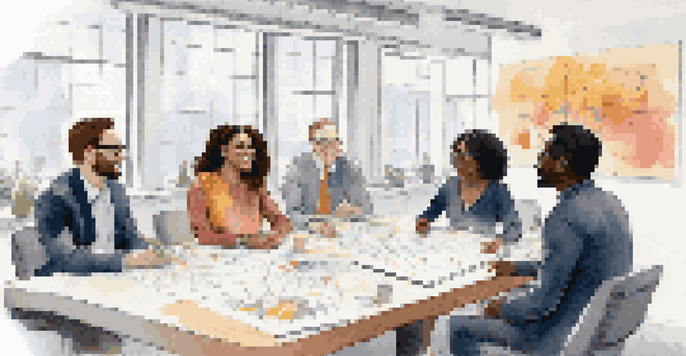 A diverse group of professionals collaborating in a bright conference room, showcasing teamwork and inclusivity.