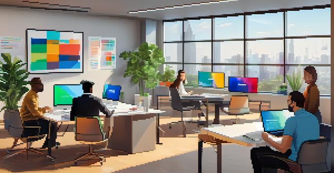 A diverse group of professionals in a modern office participating in a virtual meeting, with natural light and plants around them.