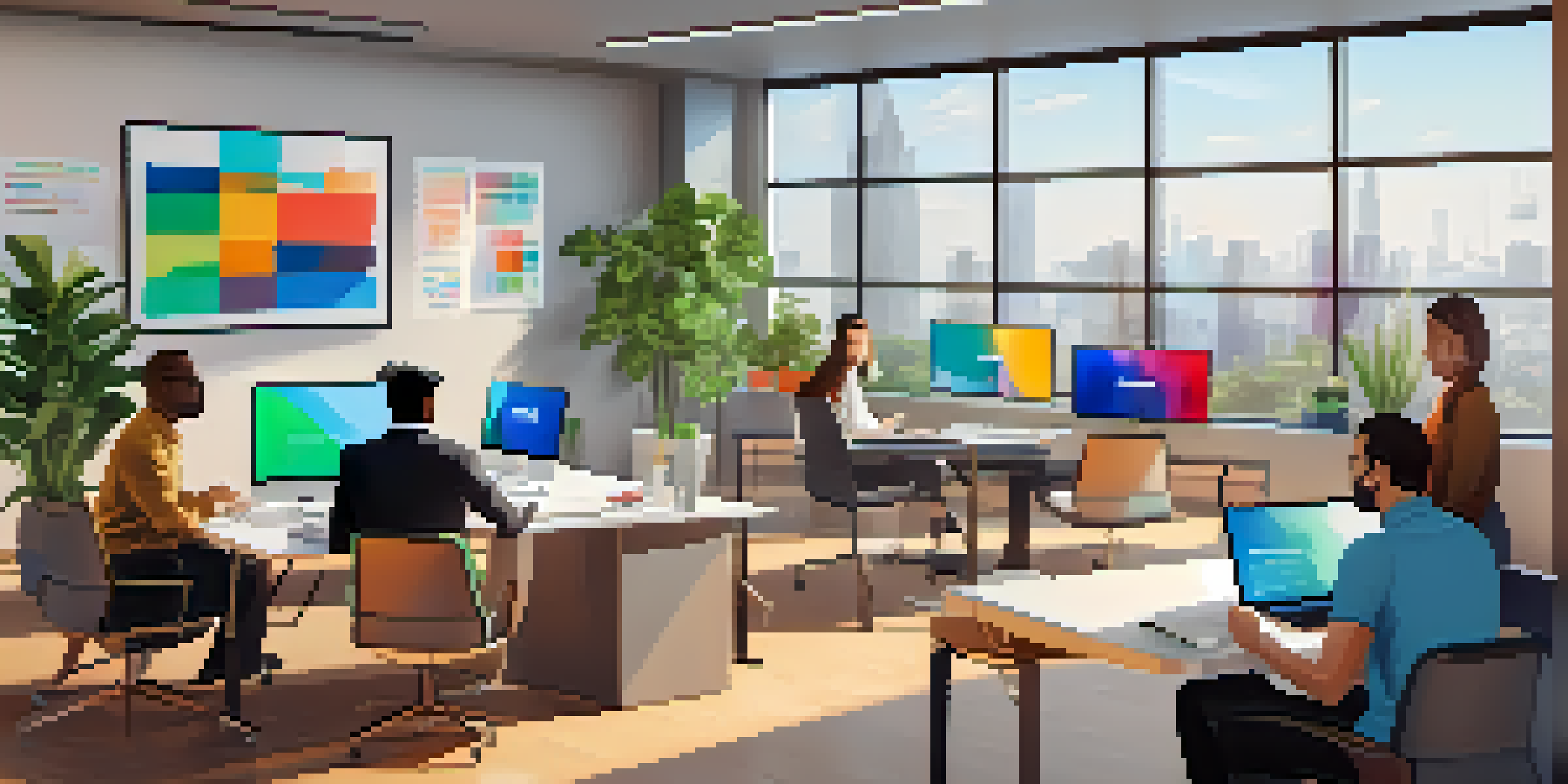 A diverse group of professionals in a modern office participating in a virtual meeting, with natural light and plants around them.
