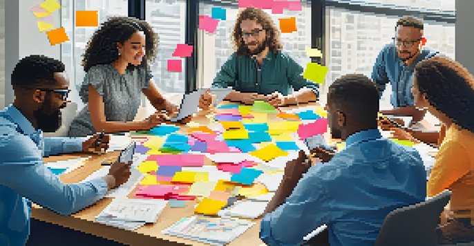 A diverse team of professionals collaborating in a brainstorming session, with colorful sticky notes and digital devices around them.