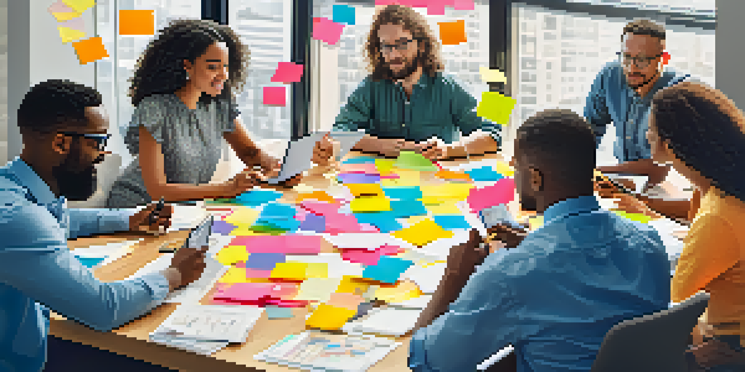 A diverse team of professionals collaborating in a brainstorming session, with colorful sticky notes and digital devices around them.