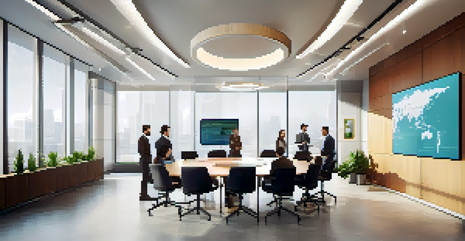 A diverse team meeting in a modern conference room, sharing ideas around a circular table.