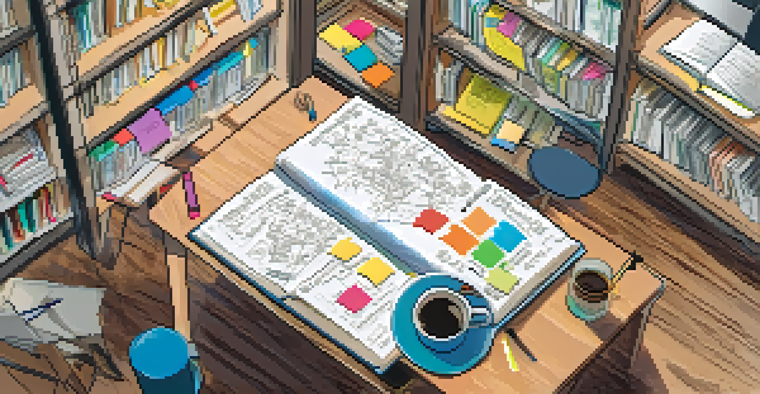 An overhead view of a workspace with a mind map on a whiteboard and a person writing in a journal.