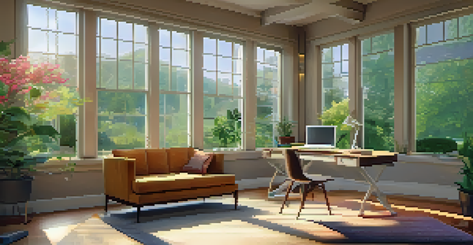A peaceful office space featuring a desk with a laptop and a cup of coffee, brightened by sunlight streaming through a window overlooking a garden.