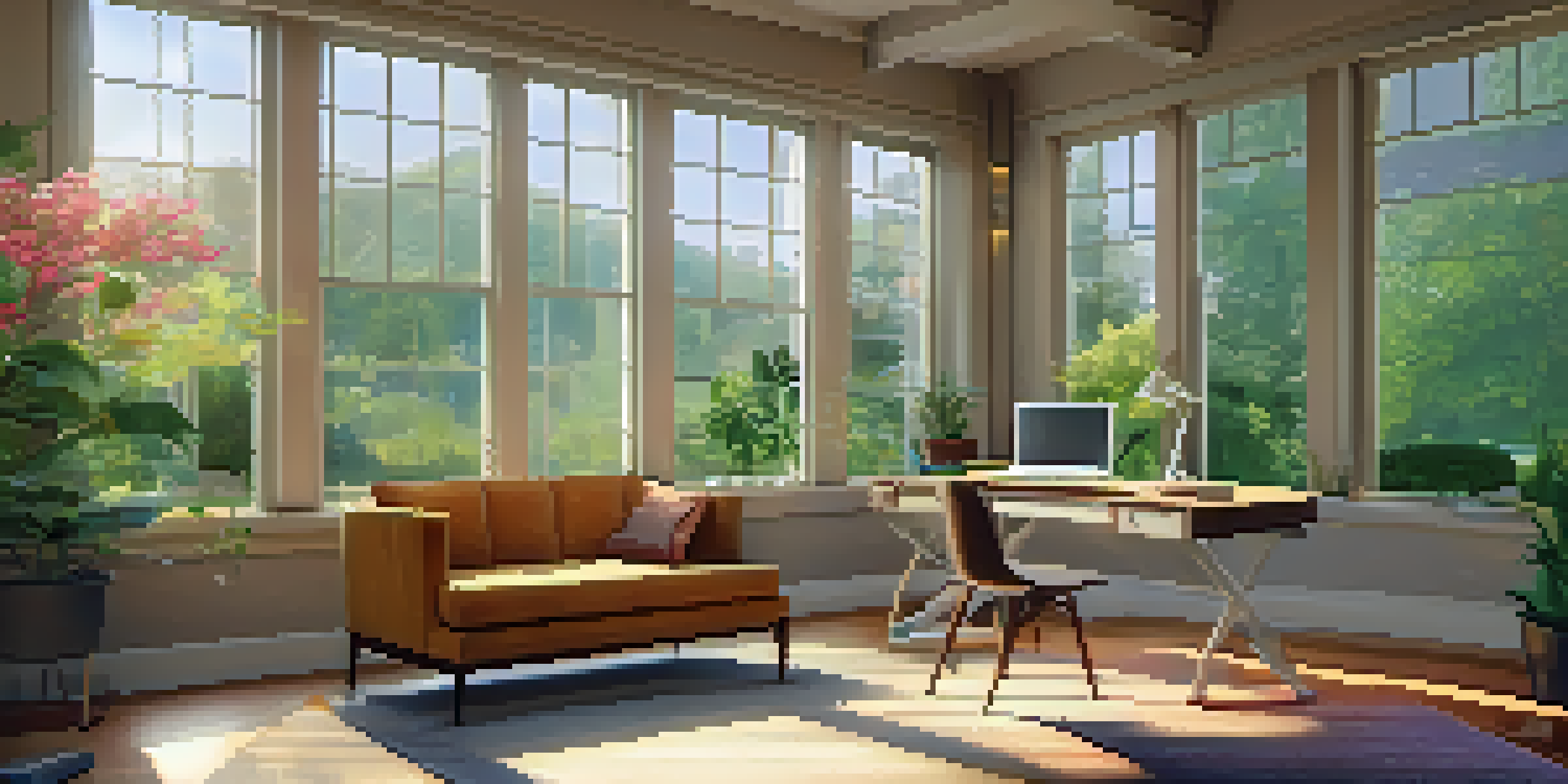 A peaceful office space featuring a desk with a laptop and a cup of coffee, brightened by sunlight streaming through a window overlooking a garden.