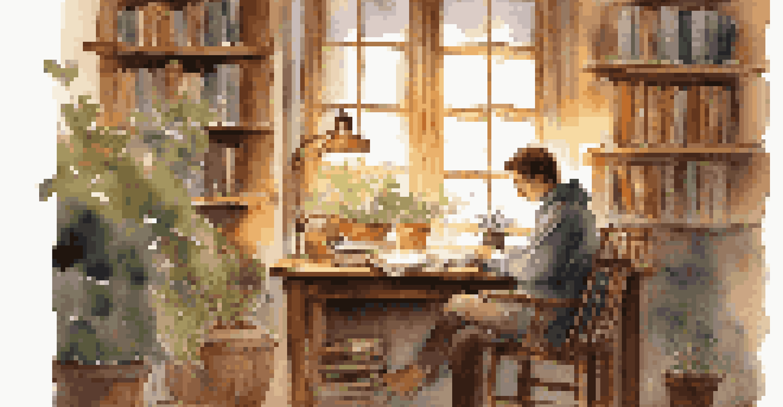 A person writing in a journal at a cozy table with coffee and warm lighting.