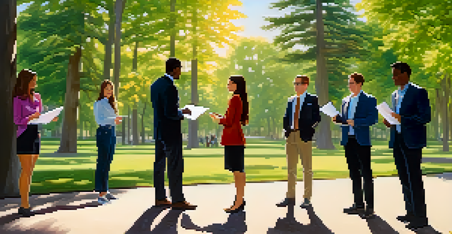 A mentor guiding a diverse group of young professionals in a park.