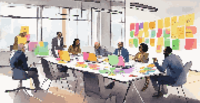 A diverse group of professionals having a feedback session at a conference table, showcasing collaboration and teamwork.