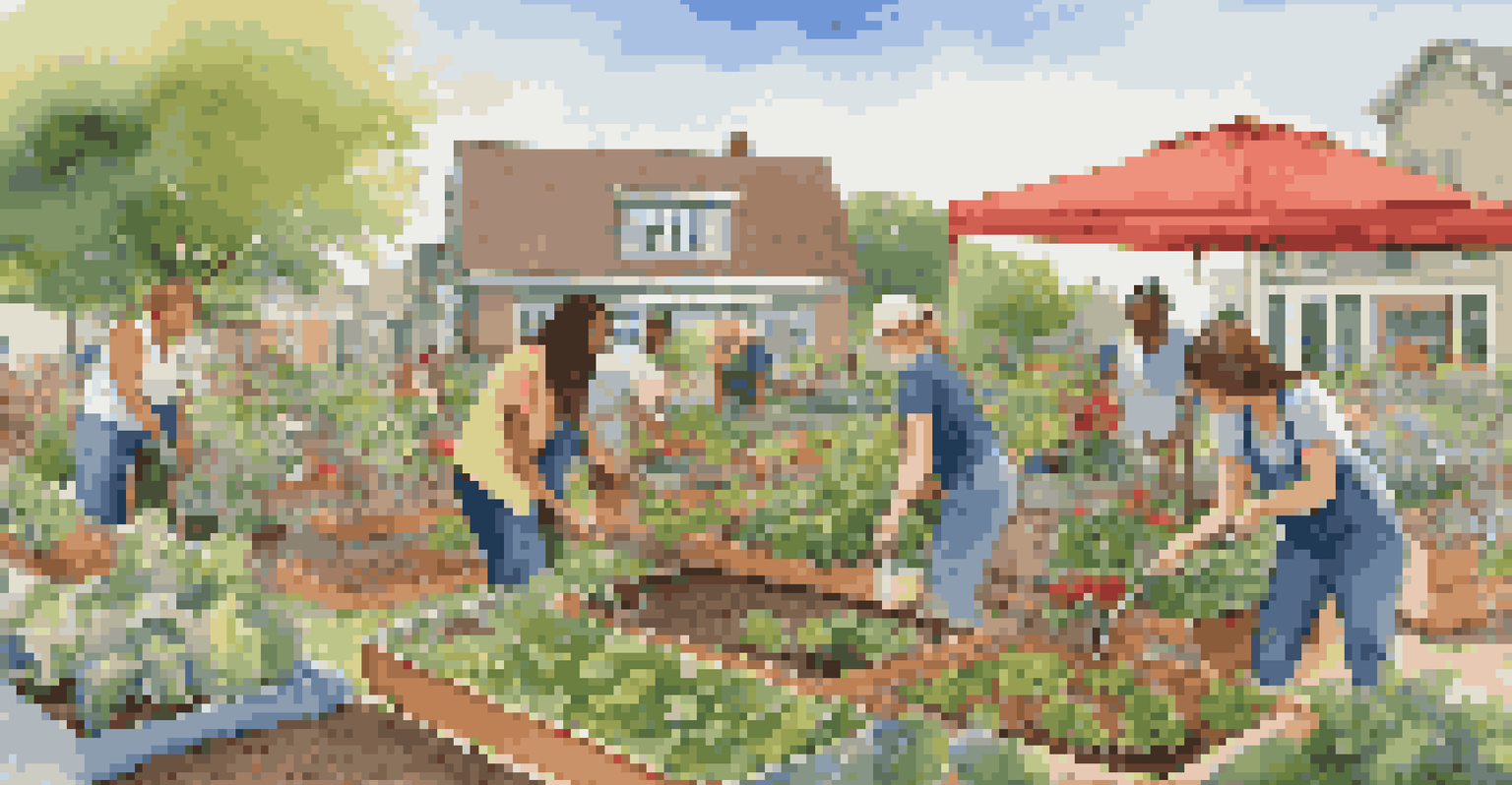 A diverse group of people working together in a community garden, planting and watering various plants under a clear blue sky.