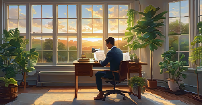 A person in a cozy office space, writing in a notebook with plants and sunlight coming through a large window.