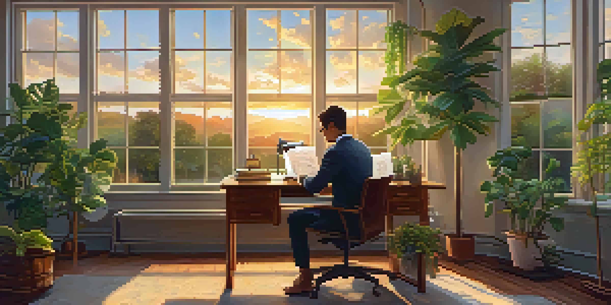 A person in a cozy office space, writing in a notebook with plants and sunlight coming through a large window.