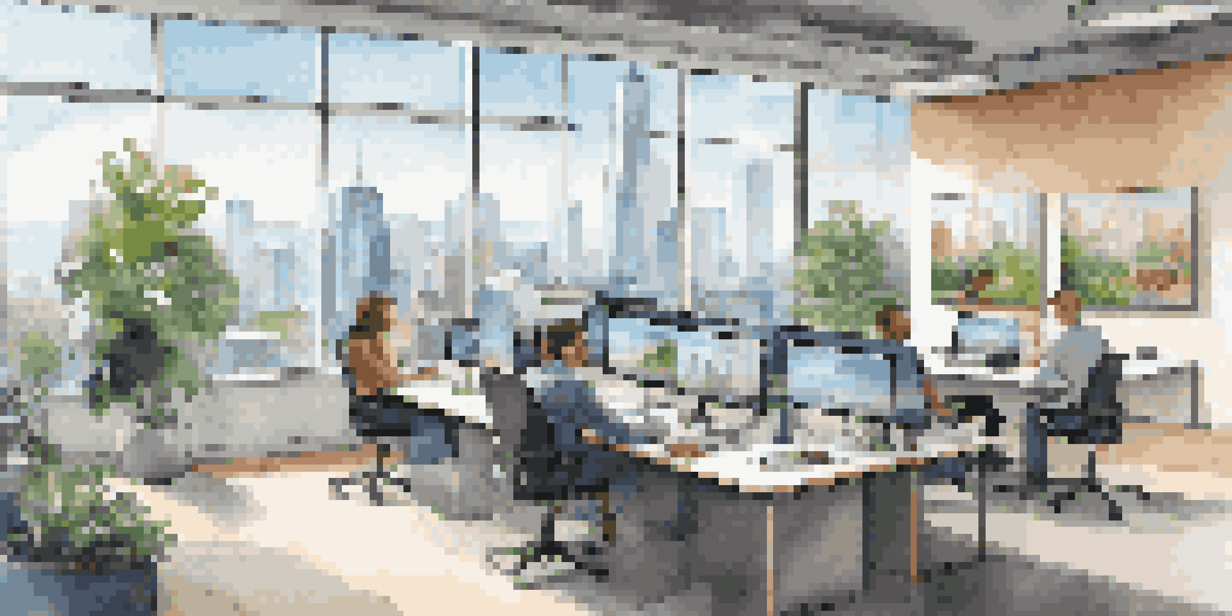 A bright and modern office with employees collaborating on a video conference, surrounded by plants and contemporary furniture.
