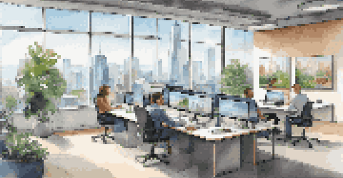 A bright and modern office with employees collaborating on a video conference, surrounded by plants and contemporary furniture.