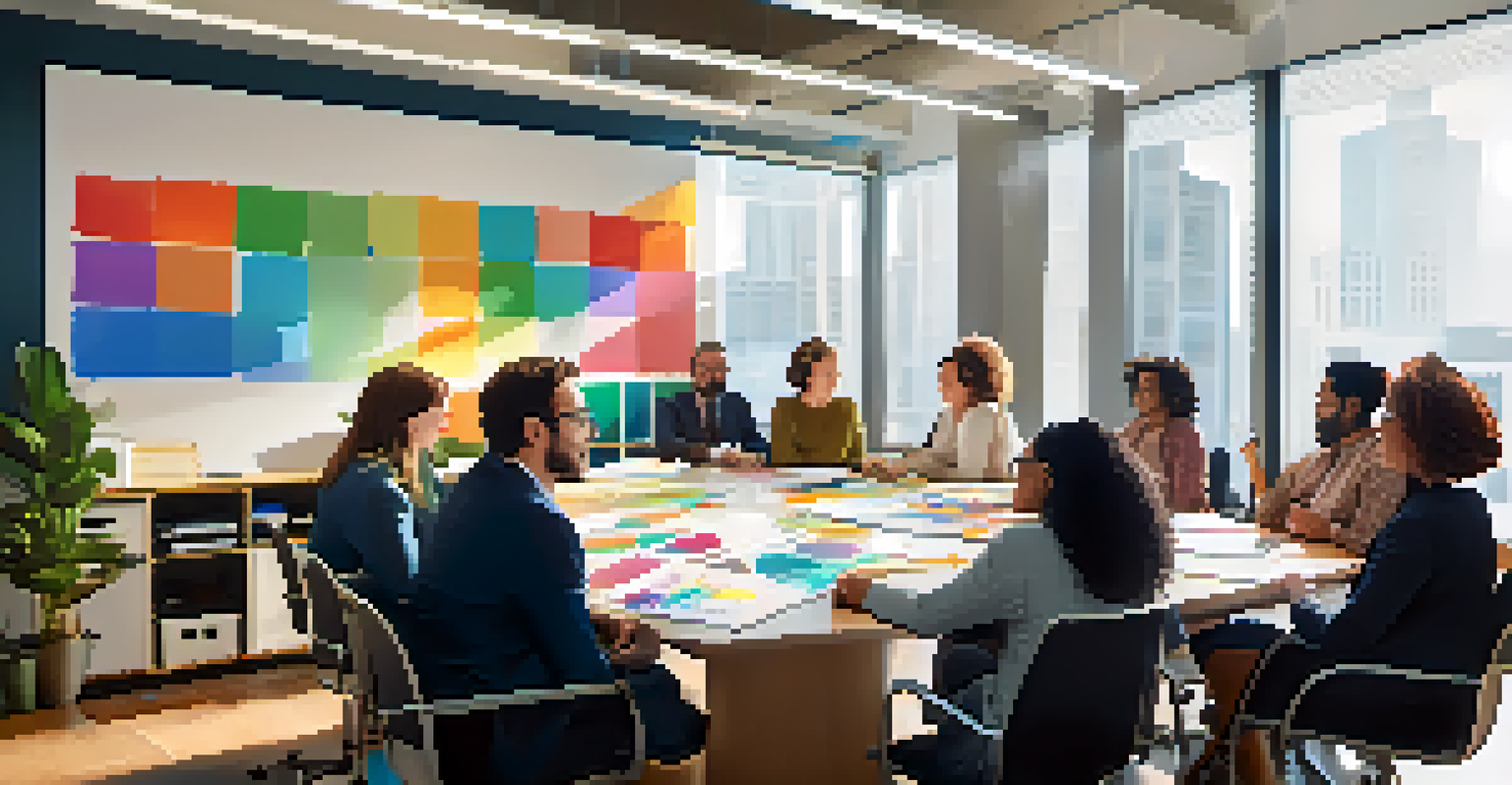 A diverse group of professionals collaborating around a conference table in a bright office, sharing ideas and documents.