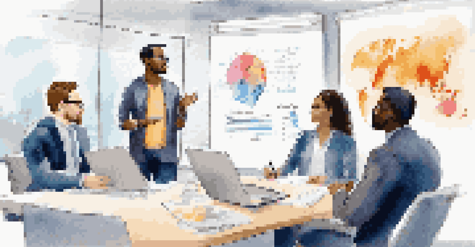 A group of colleagues discussing in a meeting room, with one person presenting ideas on a whiteboard.