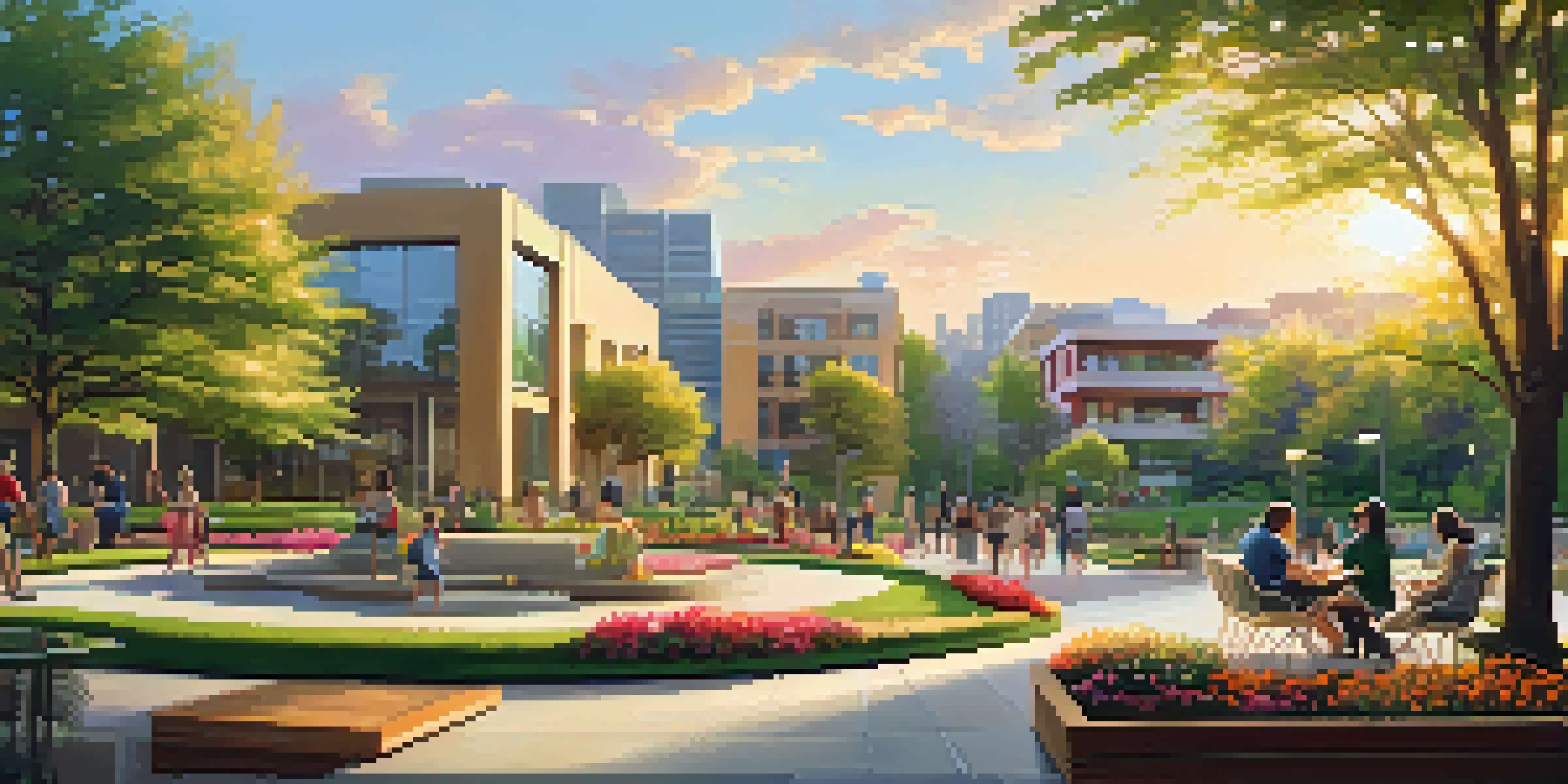 A peaceful urban park filled with green trees and colorful flowers, with people relaxing and enjoying the sunset.