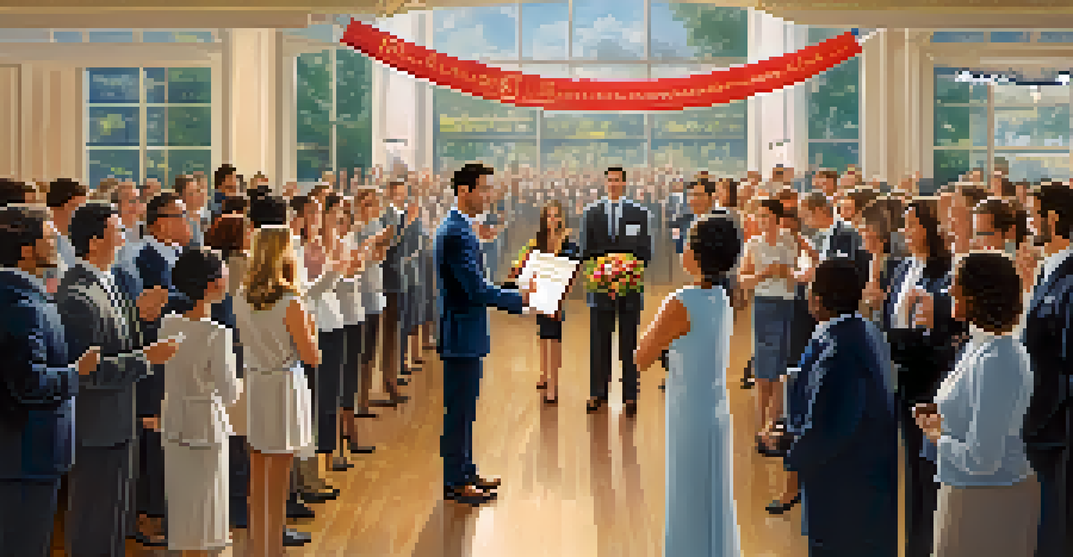 An employee being recognized in front of applauding colleagues, showcasing a positive corporate culture.