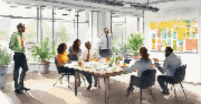 A diverse group of colleagues collaborating in a bright office environment, with a table full of notes and ideas on a whiteboard.