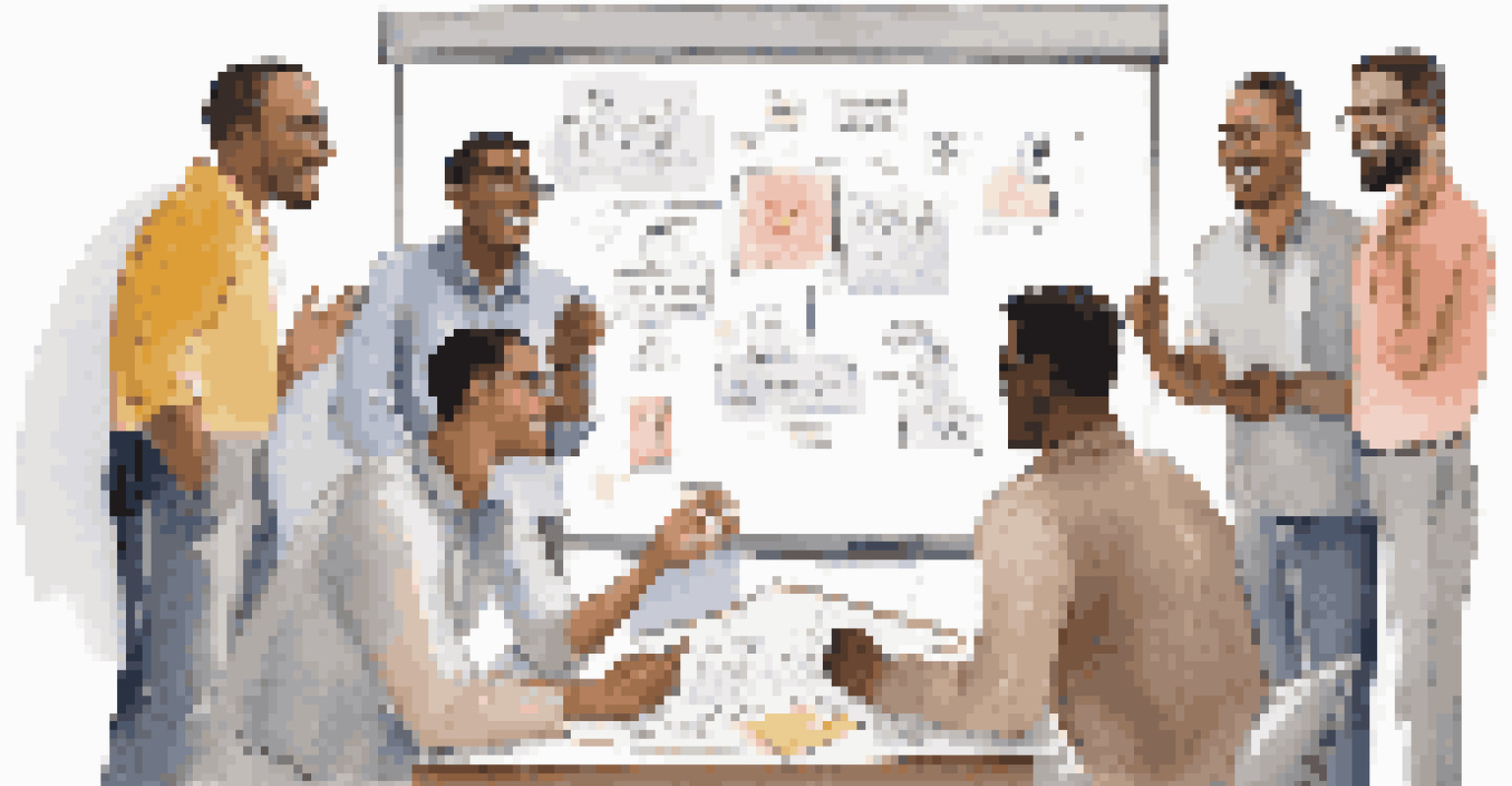 A diverse team brainstorming around a whiteboard after a project setback, displaying smiles and collaboration.