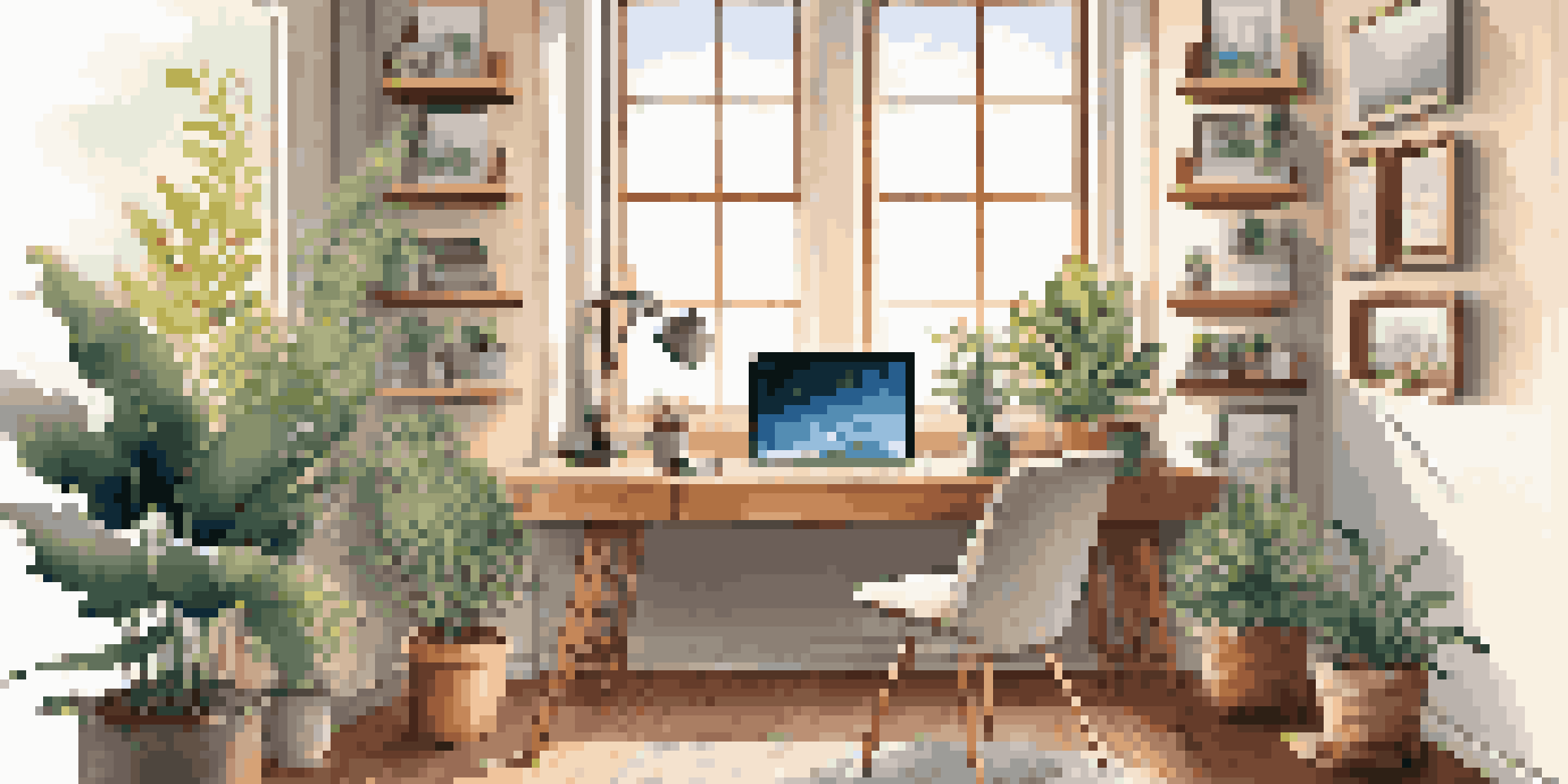 A cozy home office with a desk, laptop, potted plants, and motivational art on the walls, illuminated by natural light.