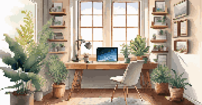A cozy home office with a desk, laptop, potted plants, and motivational art on the walls, illuminated by natural light.