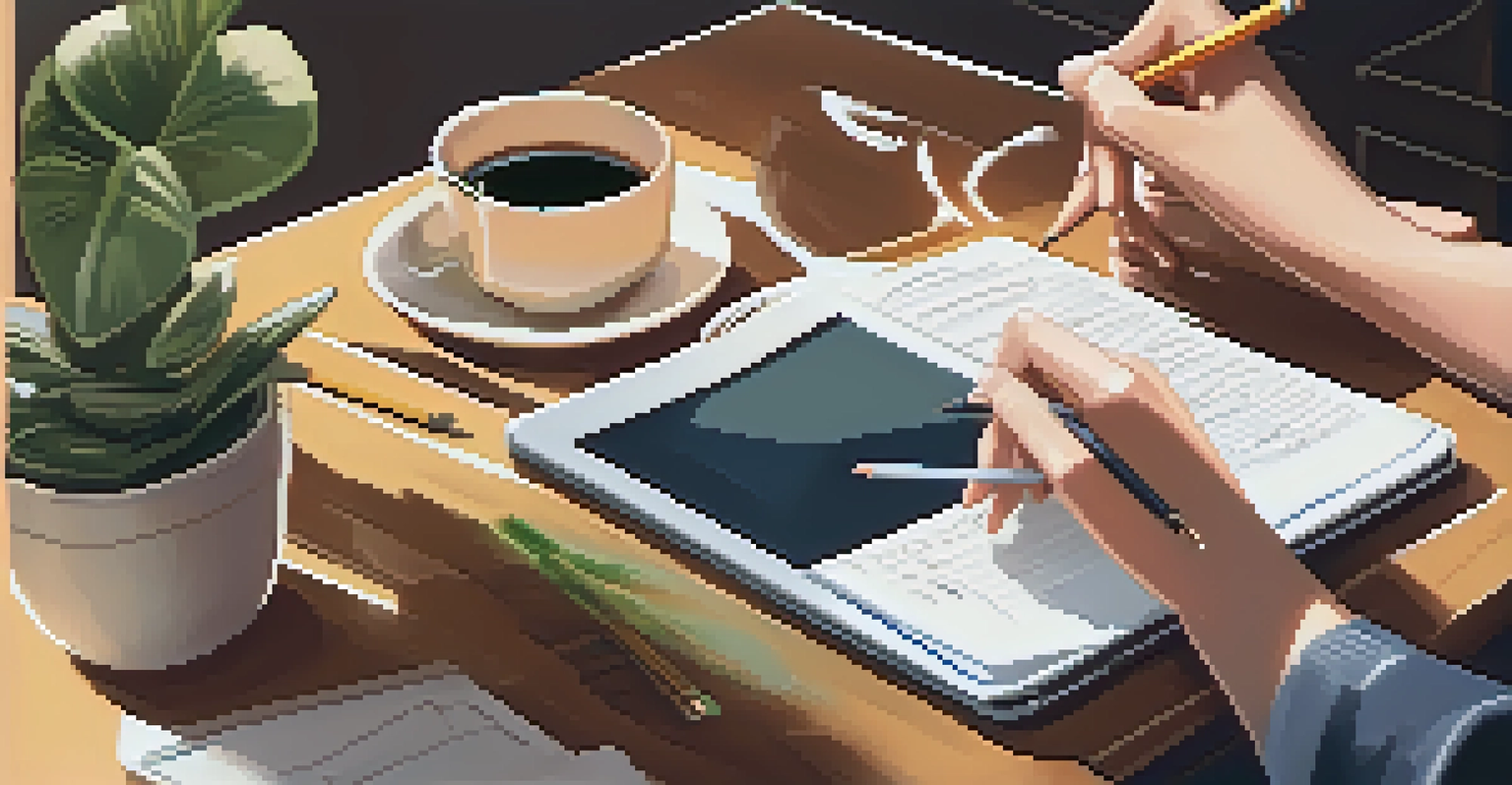 A close-up of hands taking notes on a tablet, surrounded by stationery and a coffee mug in a cozy setting.