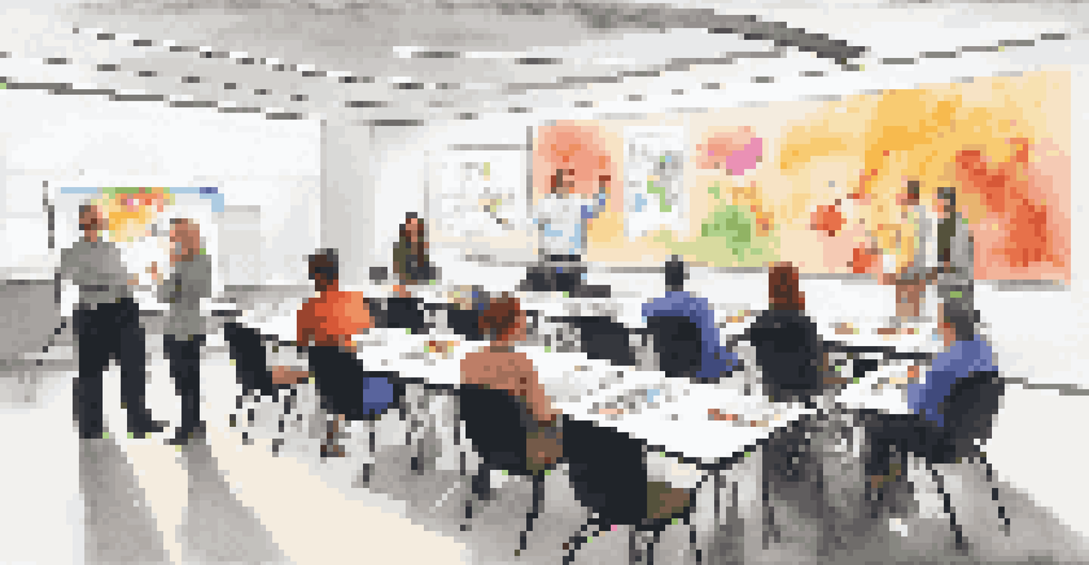 A diverse group of professionals participating in an educational workshop led by an expert, with modern technology in the background.