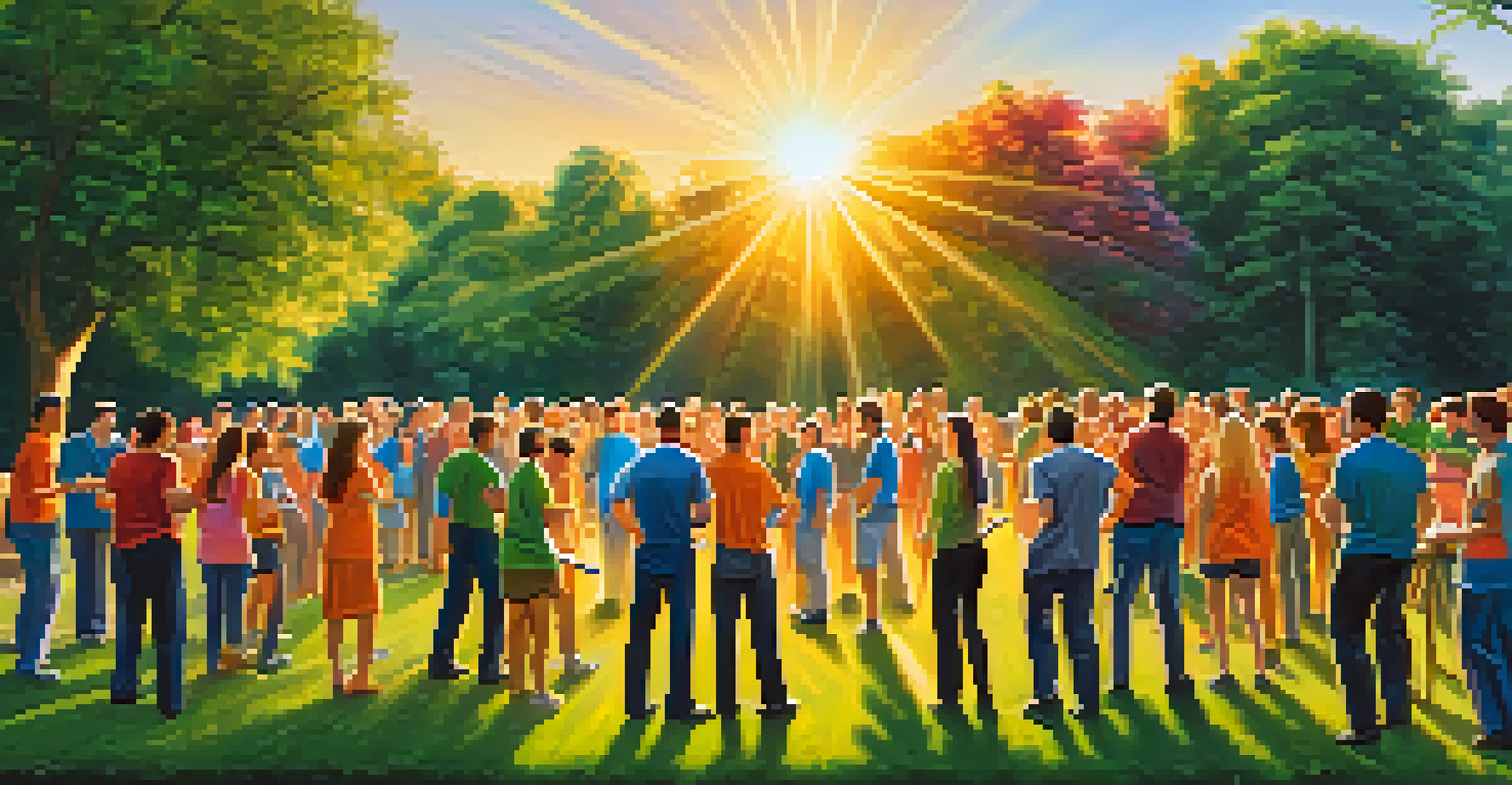 A group of employees engaged in a trust-building exercise in a park, showcasing teamwork and camaraderie under a golden sunset.