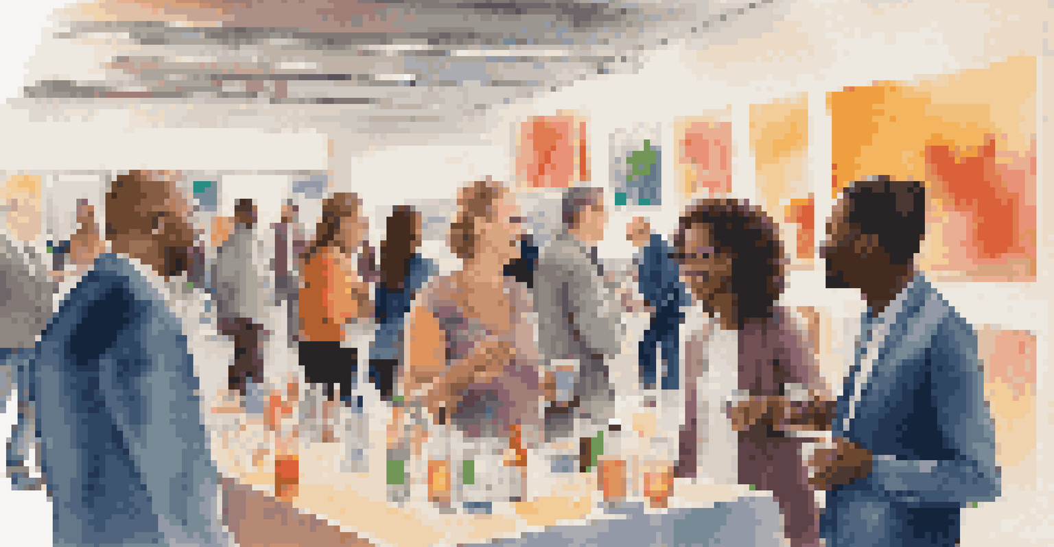 A lively networking event with diverse creatives chatting and exchanging ideas in front of colorful artwork.