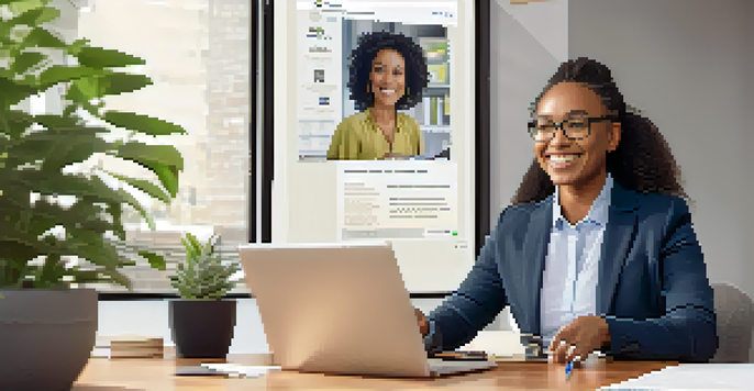 A career coach engaging in a video call with a client, showcasing a modern office environment with motivational decor.