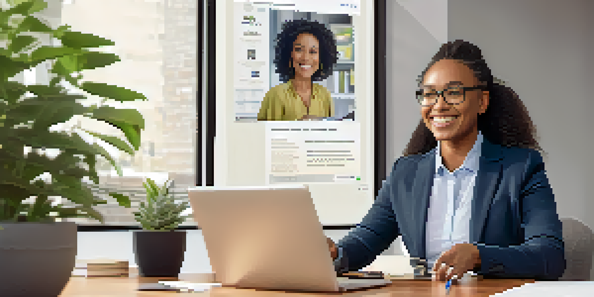 A career coach engaging in a video call with a client, showcasing a modern office environment with motivational decor.
