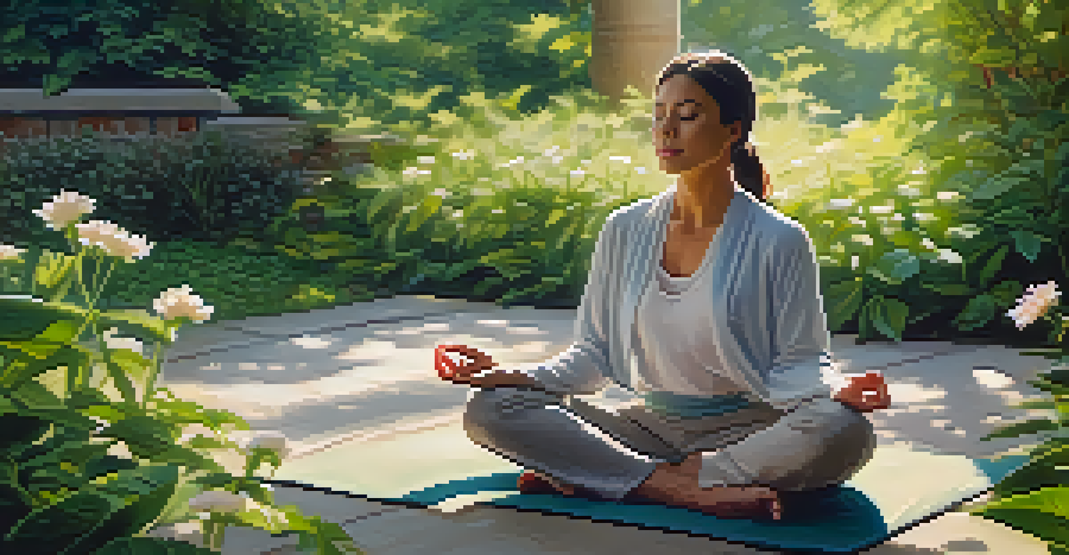 A person meditating in a vibrant garden filled with flowers and greenery.