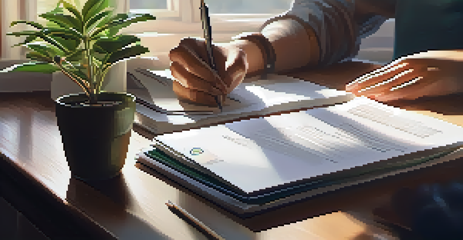 A close-up of hands preparing a resume and cover letter on a desk with books, a laptop, and stationery.