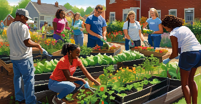 A diverse group of volunteers participating in a community gardening project, planting flowers and vegetables under a sunny sky.
