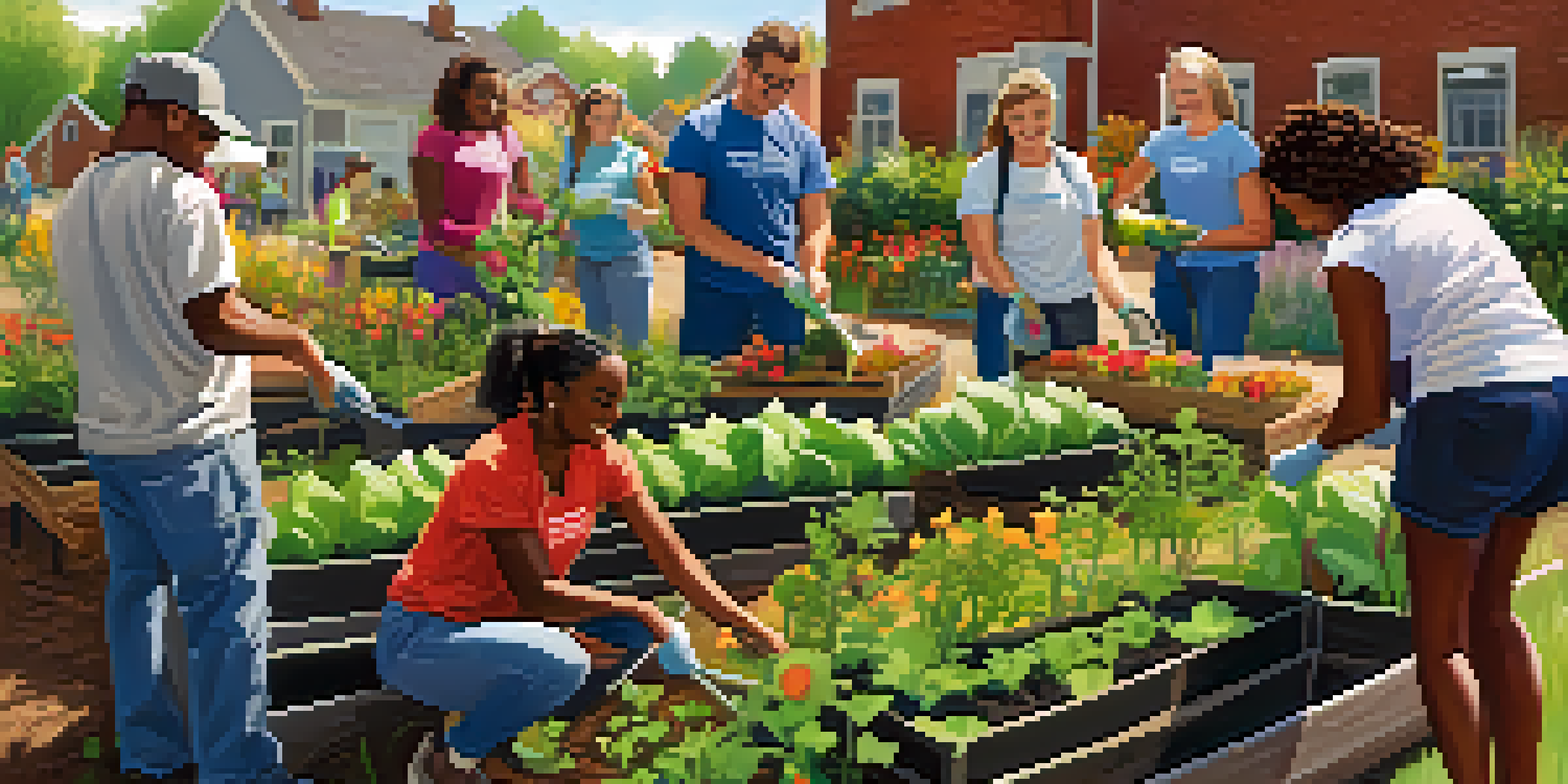 A diverse group of volunteers participating in a community gardening project, planting flowers and vegetables under a sunny sky.