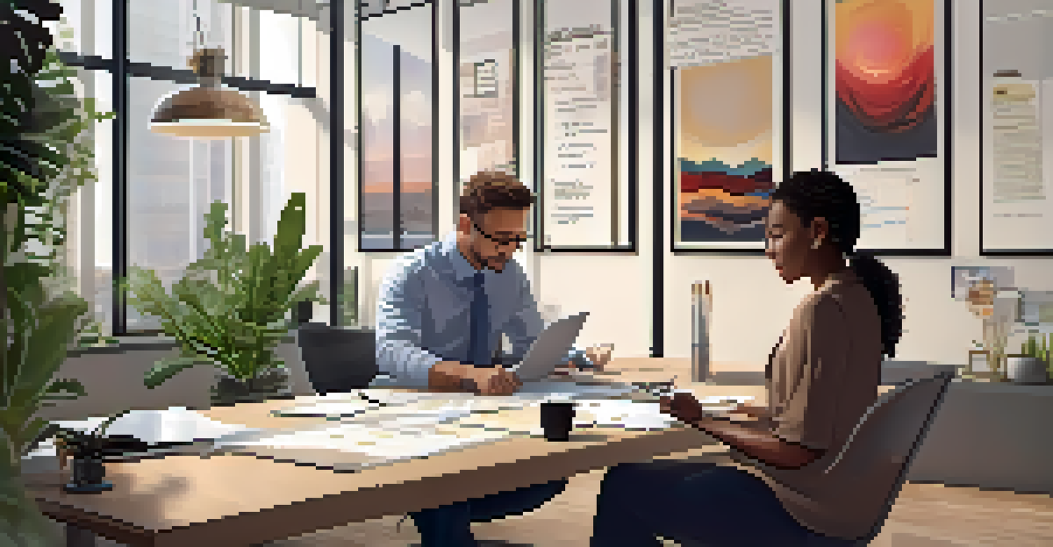 A mentor and mentee collaborating in a modern office, discussing ideas over a laptop.