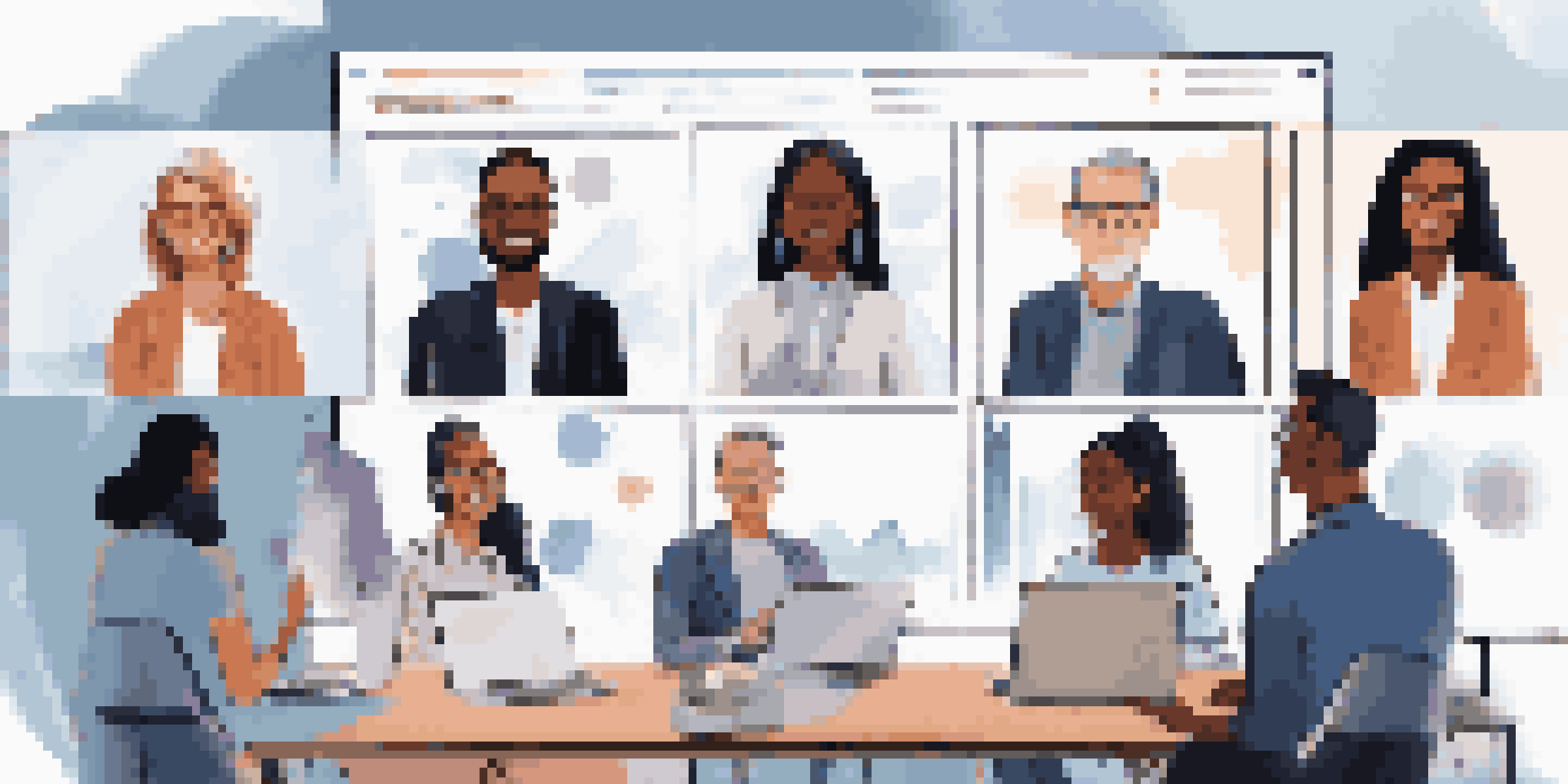 A virtual meeting with diverse professionals on a screen, each in their home offices, illustrating remote work.