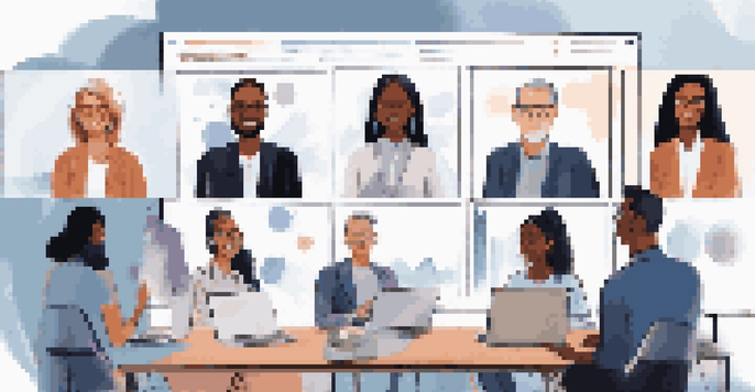 A virtual meeting with diverse professionals on a screen, each in their home offices, illustrating remote work.