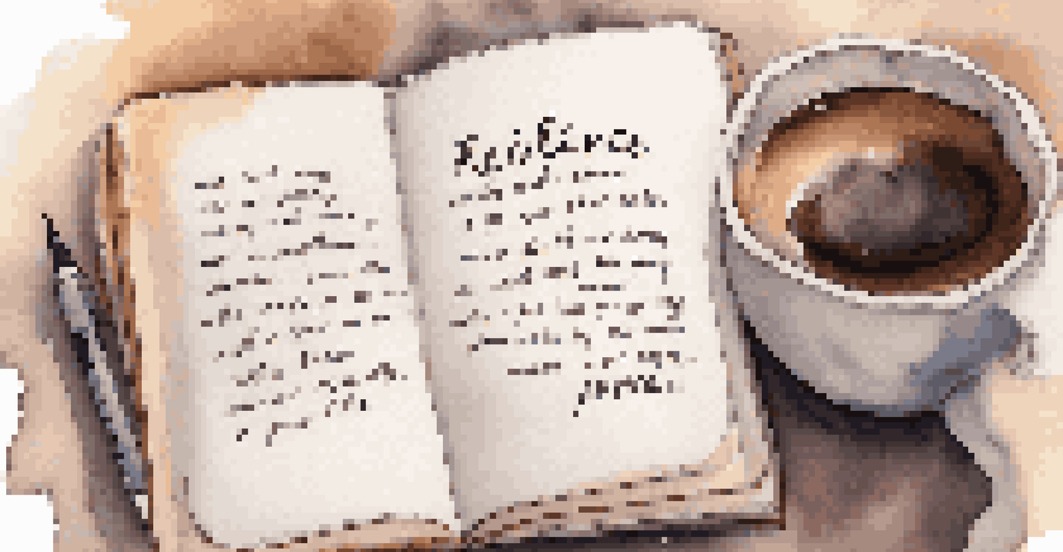 A hand writing in a notebook with a motivational quote about resilience, surrounded by a blurred background and a cup of coffee.