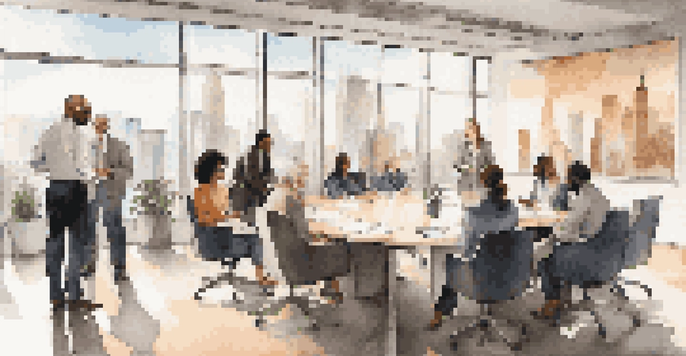 A diverse group of professionals engaged in discussions in a modern office with large windows showing a cityscape outside.