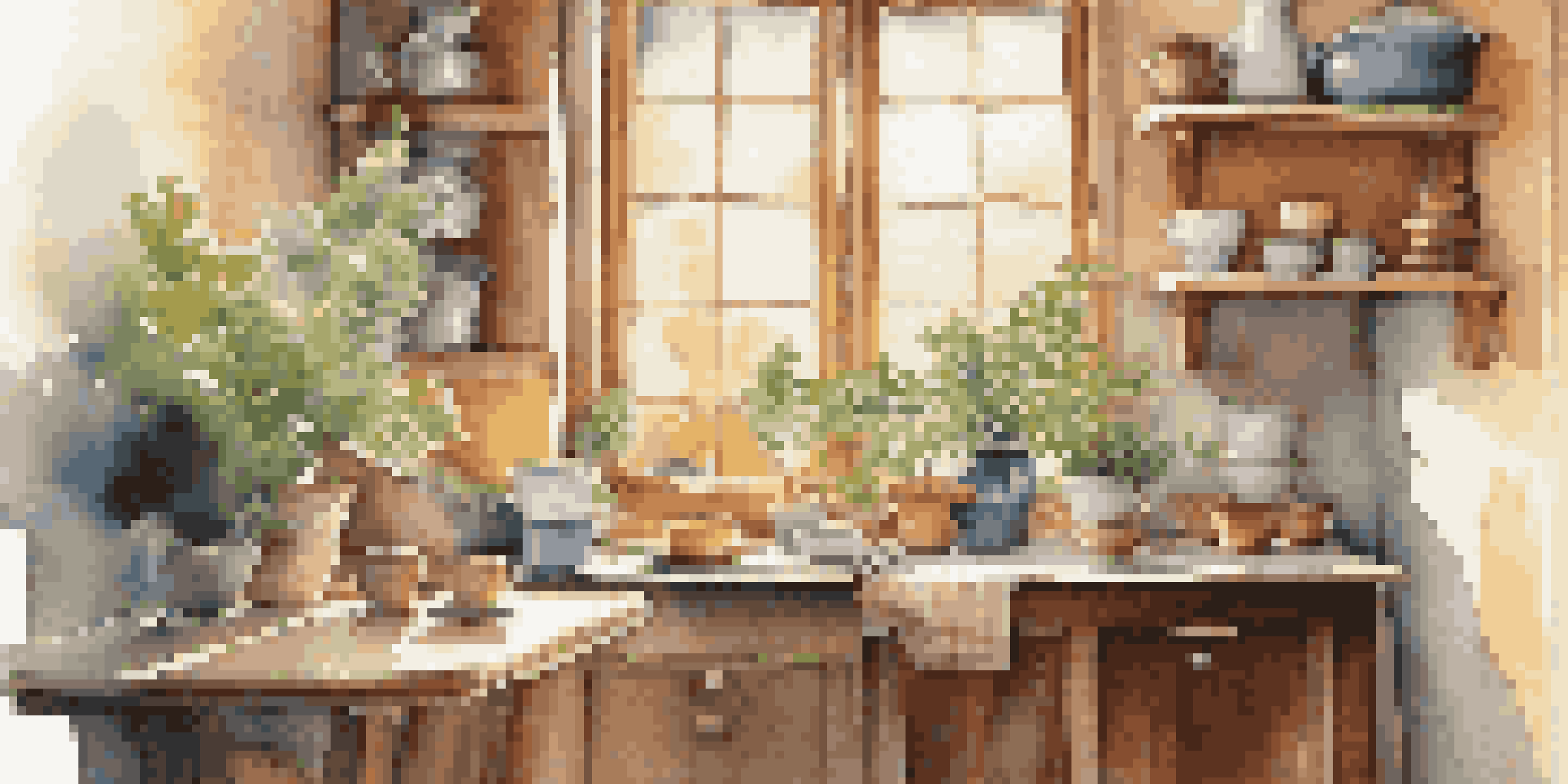 A peaceful kitchen with sunlight, a person meditating at a table with coffee and plants.