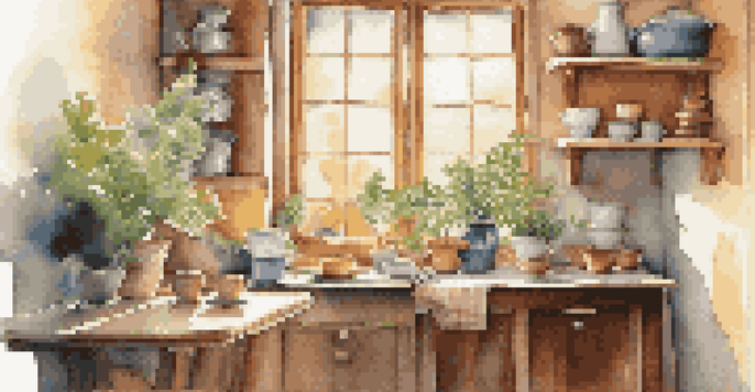 A peaceful kitchen with sunlight, a person meditating at a table with coffee and plants.