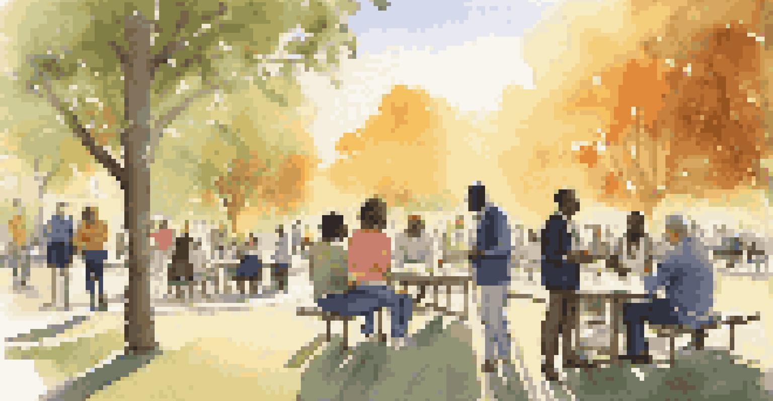 A diverse group of people networking in a park during sunset, engaged in conversation with a warm atmosphere.